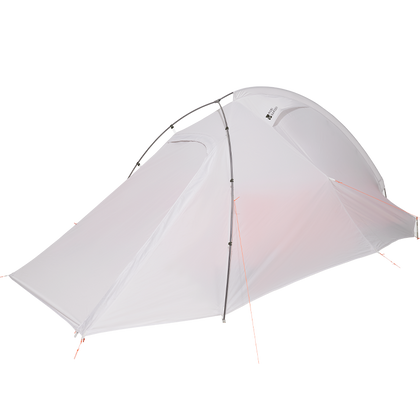A white Mobi Garden backpacking tent with silicone coated nylon fabric, displayed against a black background.