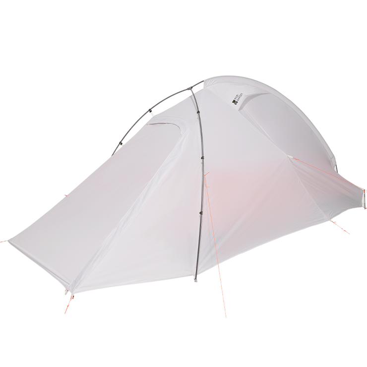 A white Mobi Garden backpacking tent with silicone coated nylon fabric, displayed against a black background.