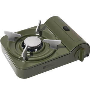 A portable gas stove in beige color with a visible brand logo on the front.