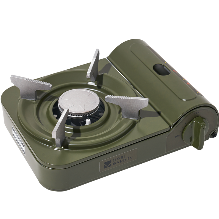 A portable gas stove in beige color with a visible brand logo on the front.