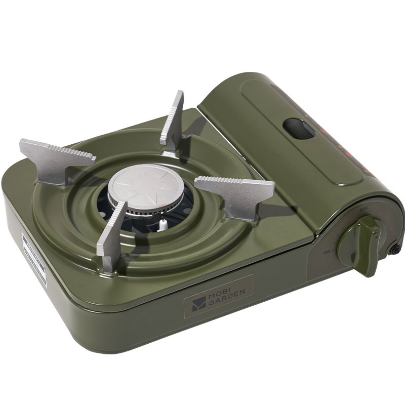 A portable gas stove in beige color with a visible brand logo on the front.