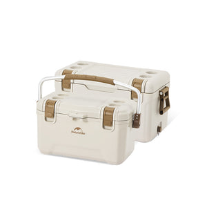 Two sizes of Naturehike outdoor antibacterial cooler boxes in gray color with a handle on top.