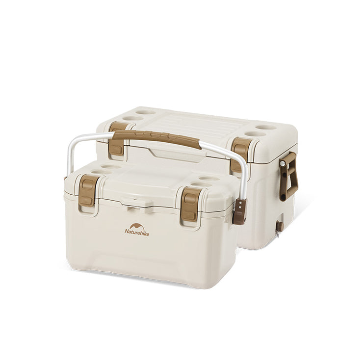 Two sizes of Naturehike outdoor antibacterial cooler boxes in gray color with a handle on top.