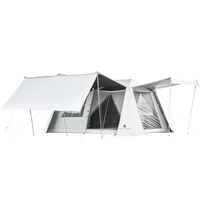 Large white cabin tent with a visible zipper entrance and a black coated exterior, set up outdoors.