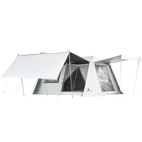 Large white cabin tent with a visible zipper entrance and a black coated exterior, set up outdoors.