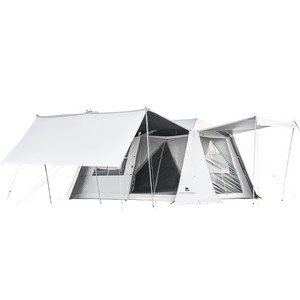 Large white cabin tent with a visible zipper entrance and a black coated exterior, set up outdoors.