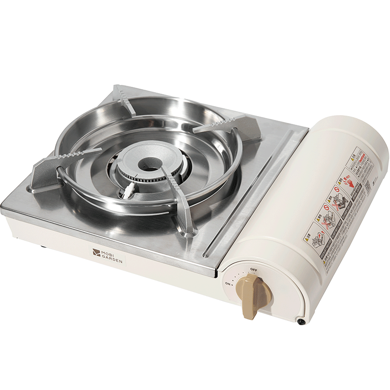 Mobi Garden JY Portable Gas Stove 2.8 – slim rectangular butane cassette stove with fold-out pot support.