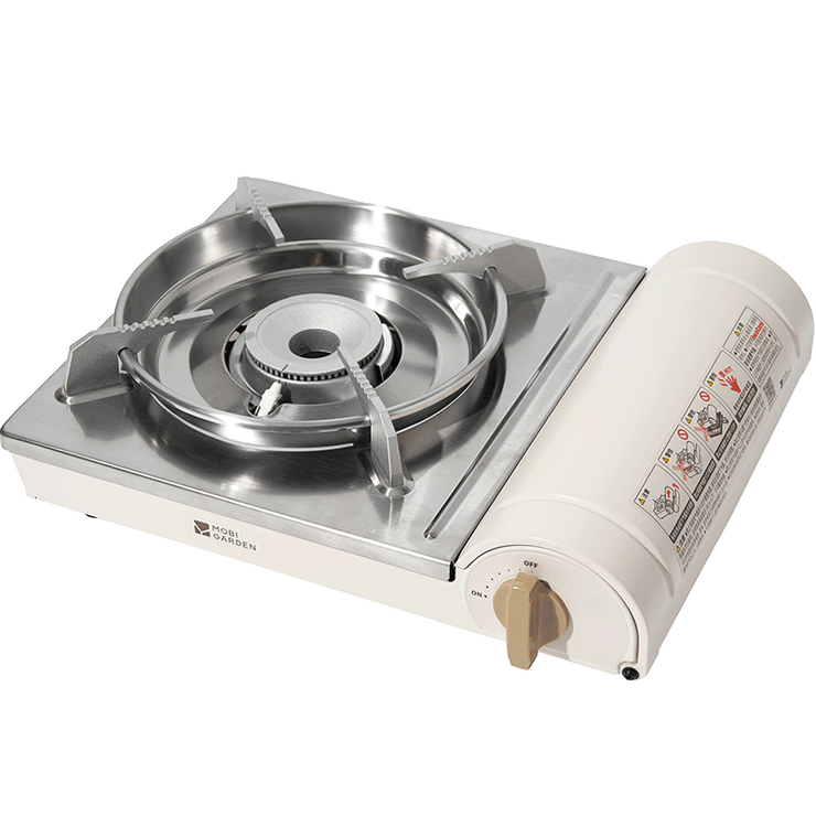 Mobi Garden JY Portable Gas Stove 2.8 – slim rectangular butane cassette stove with fold-out pot support.