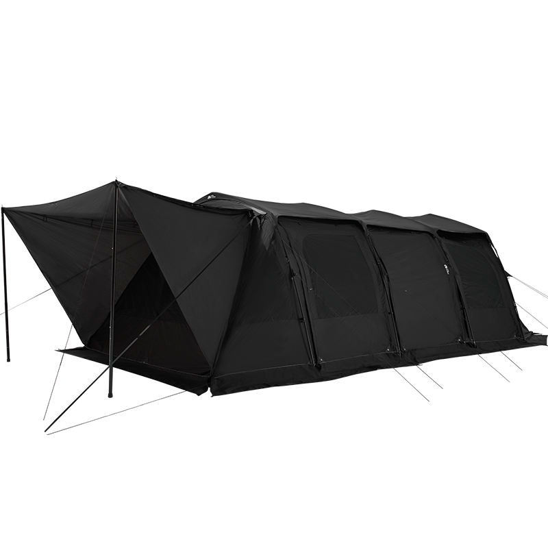 Black tunnel tent with a zipper opening on one side, displayed against a white background.