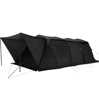 Black tunnel tent with a zipper opening on one side, displayed against a white background.