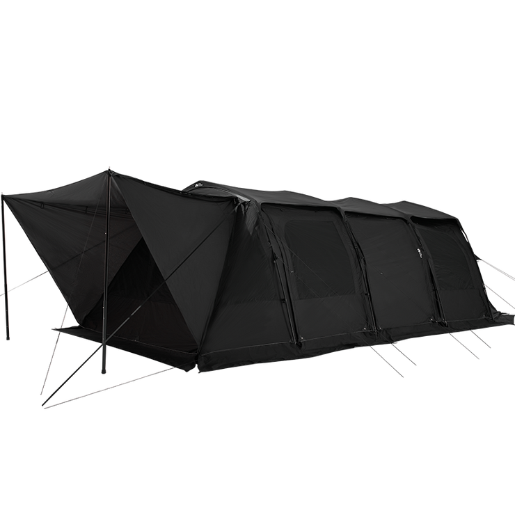 Black tunnel tent with a zipper opening on one side, displayed against a white background.