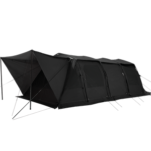 Black tunnel tent with a zipper opening on one side, displayed against a white background.