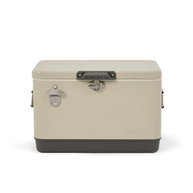 A beige retro-style cooler box with a capacity of 51L, featuring a front handle and a metal latch.
