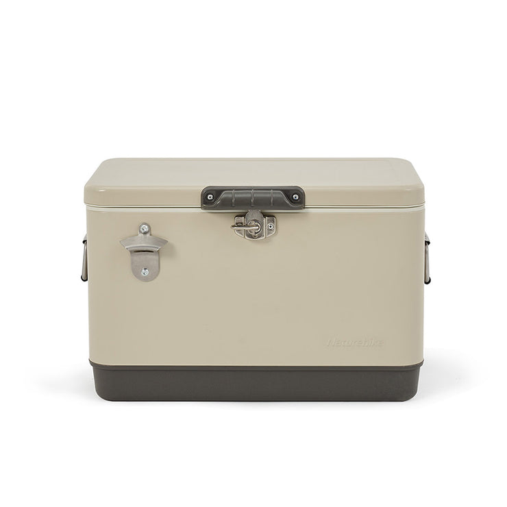 A beige retro-style cooler box with a capacity of 51L, featuring a front handle and a metal latch.