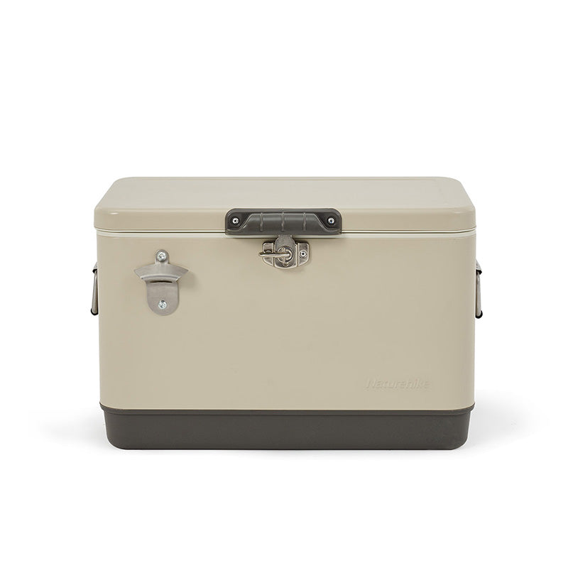 A beige retro-style cooler box with a capacity of 51L, featuring a front handle and a metal latch.