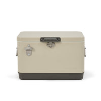 A beige retro-style cooler box with a capacity of 51L, featuring a front handle and a metal latch.