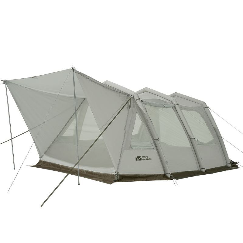 Inflatable tunnel tent with a gray exterior and visible windows, set up outdoors.