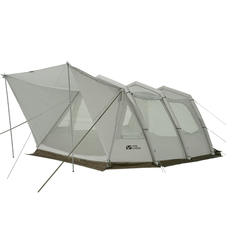 Inflatable tunnel tent with a gray exterior and visible windows, set up outdoors.