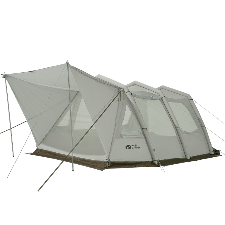 Inflatable tunnel tent with a gray exterior and visible windows, set up outdoors.