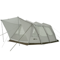 Inflatable tunnel tent with a gray exterior and visible windows, set up outdoors.