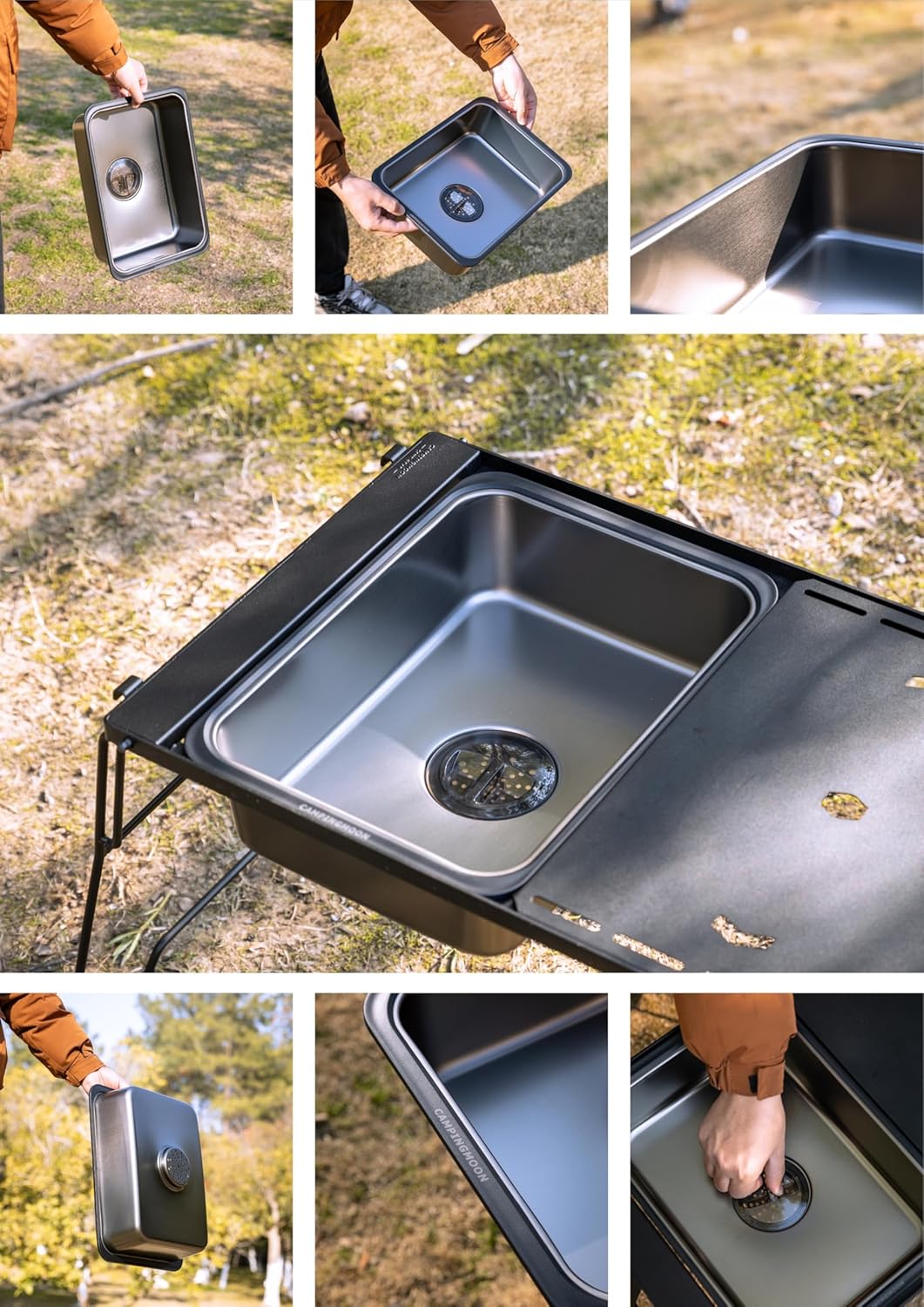 Collage of a portable camping sink with a person using it outdoors.