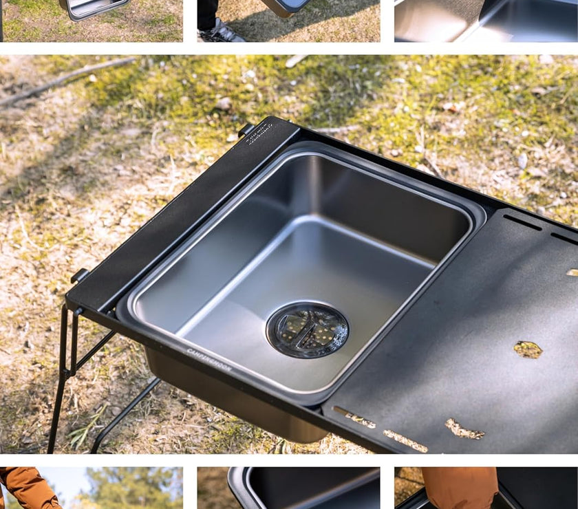 Collage of a portable camping sink with a person using it outdoors.