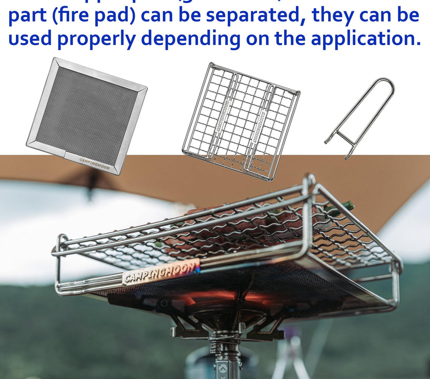 Close-up of Campingmoon bread toaster with detachable mesh and grill components displayed