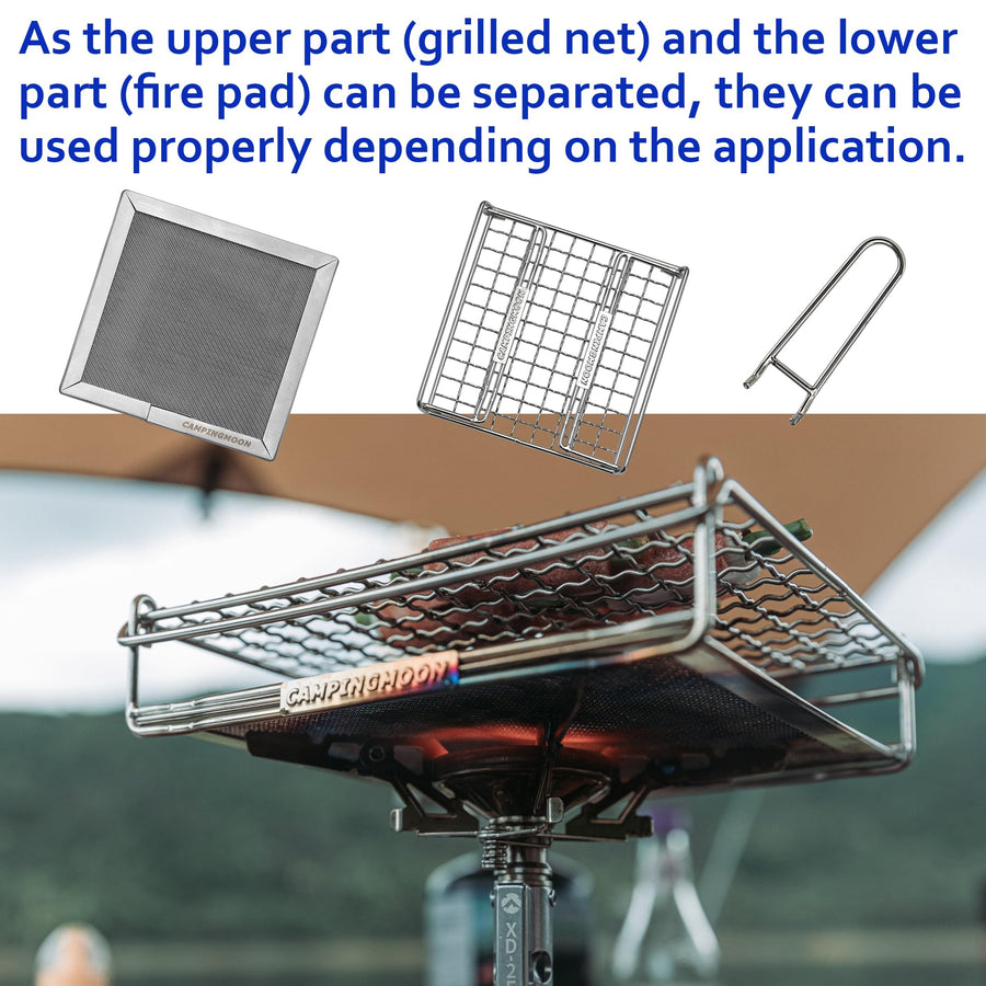 Close-up of Campingmoon bread toaster with detachable mesh and grill components displayed