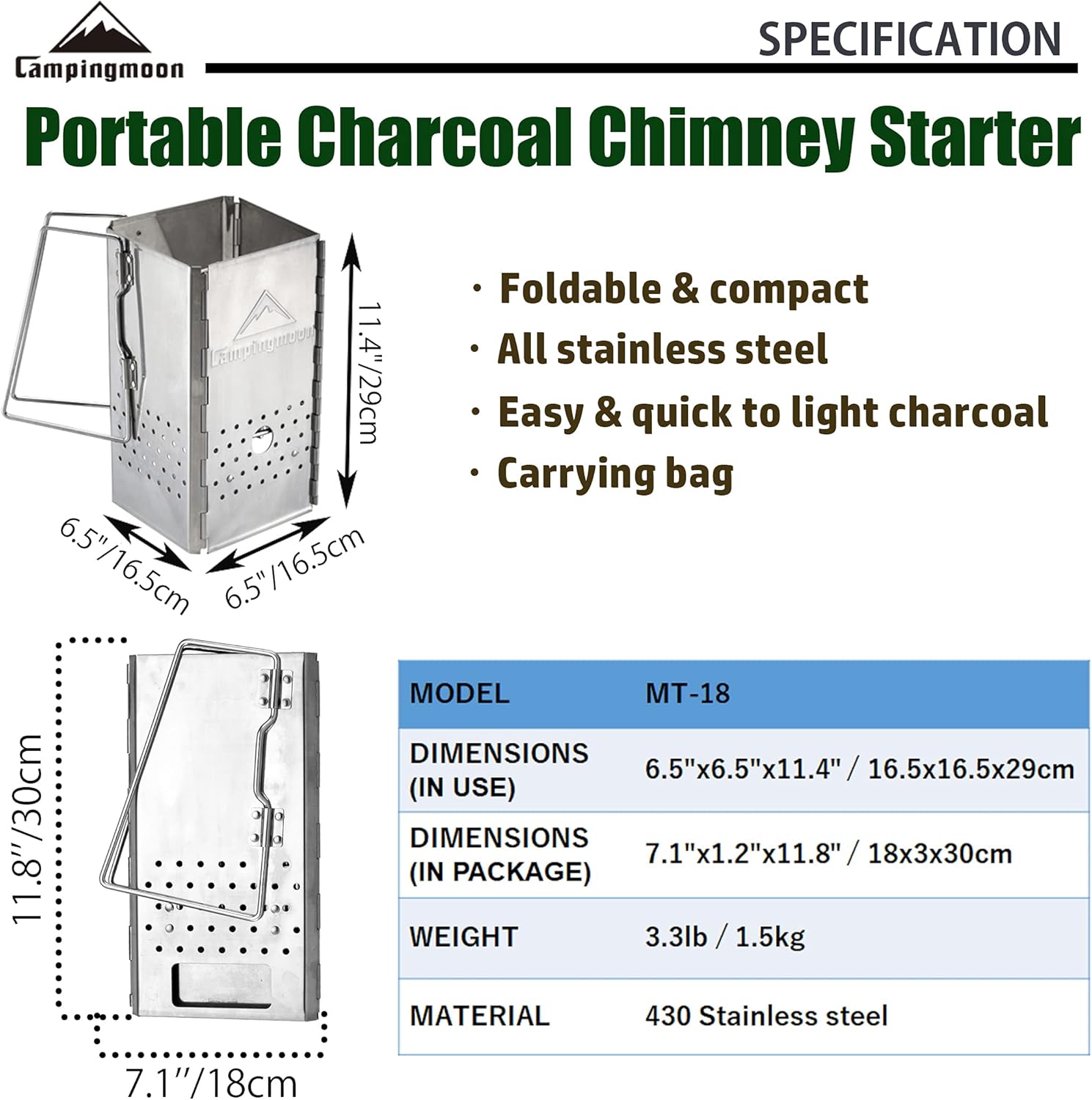 Camping Moon MT-18 Portable Charcoal Chimney Starter 2026