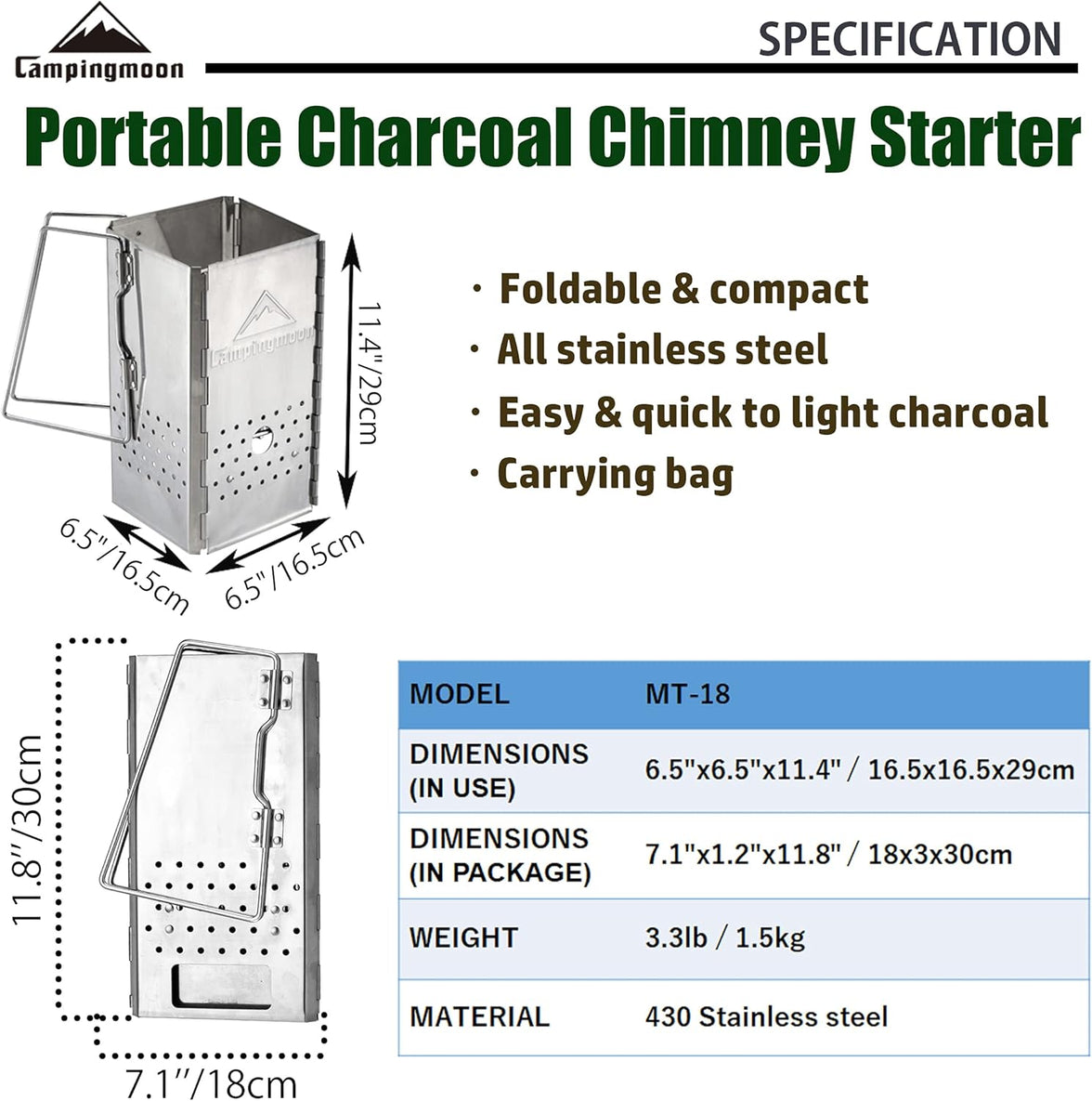 Camping Moon MT-18 Portable Charcoal Chimney Starter 2026