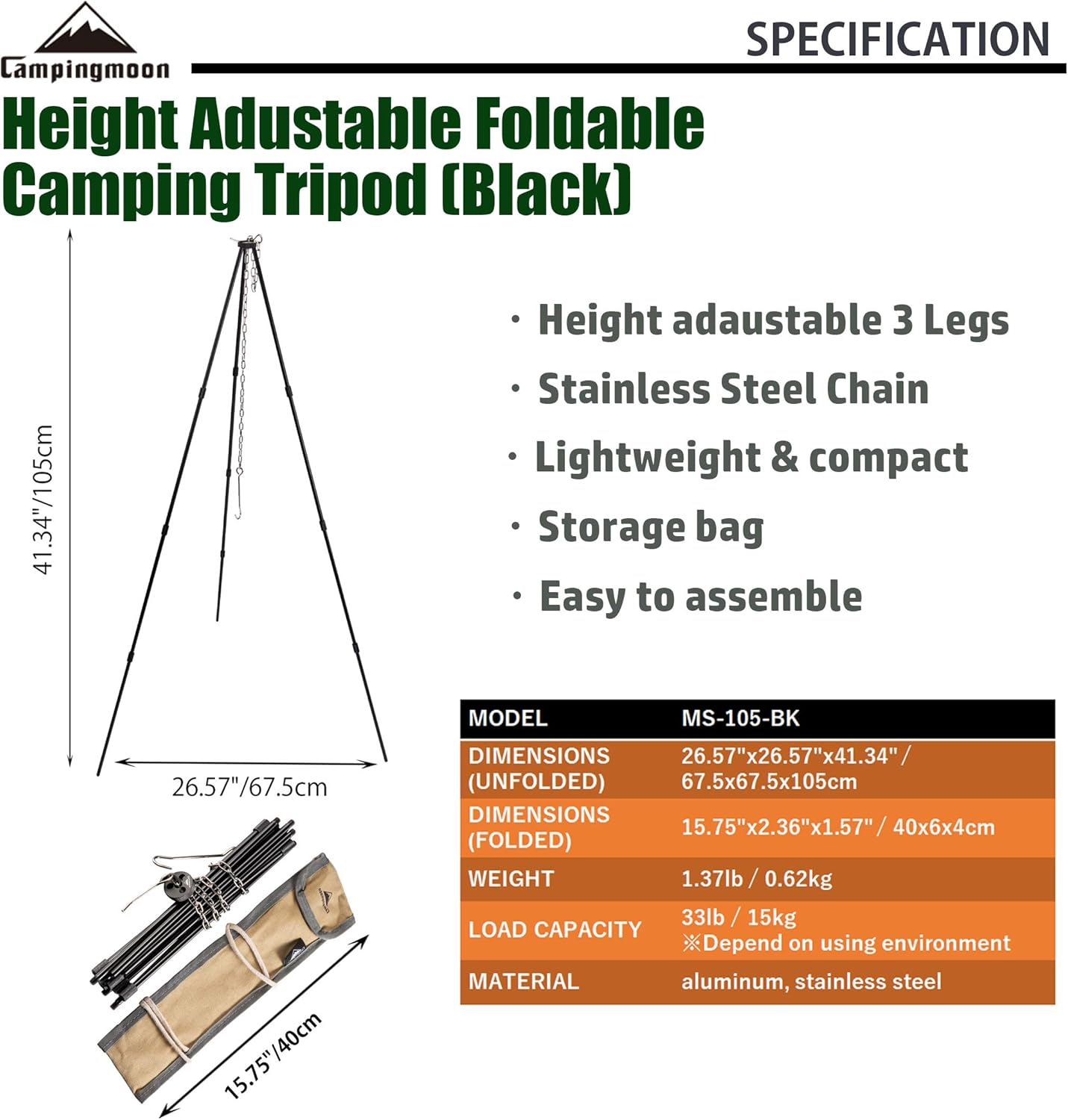 Camping Moon 41.34-inch Height Light Weight Portable Camping Tripod 2026