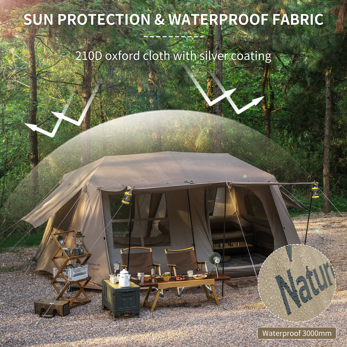 A brown and black tent with a visible brand label 'Naturehike' set up outdoors, with trees in the background. The tent is advertised as sun protective and waterproof with 210D oxford cloth.