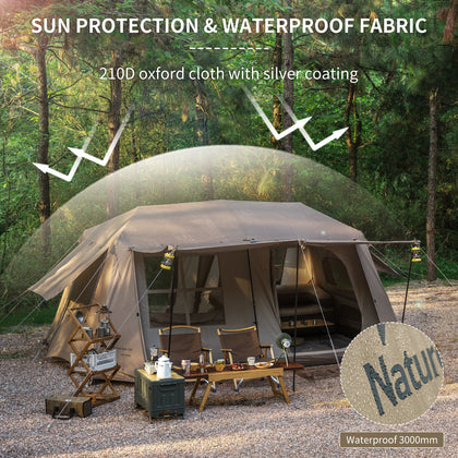 A brown and black tent with a visible brand label 'Naturehike' set up outdoors, with trees in the background. The tent is advertised as sun protective and waterproof with 210D oxford cloth.