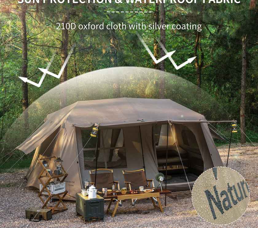 A brown and black tent with a visible brand label 'Naturehike' set up outdoors, with trees in the background. The tent is advertised as sun protective and waterproof with 210D oxford cloth.