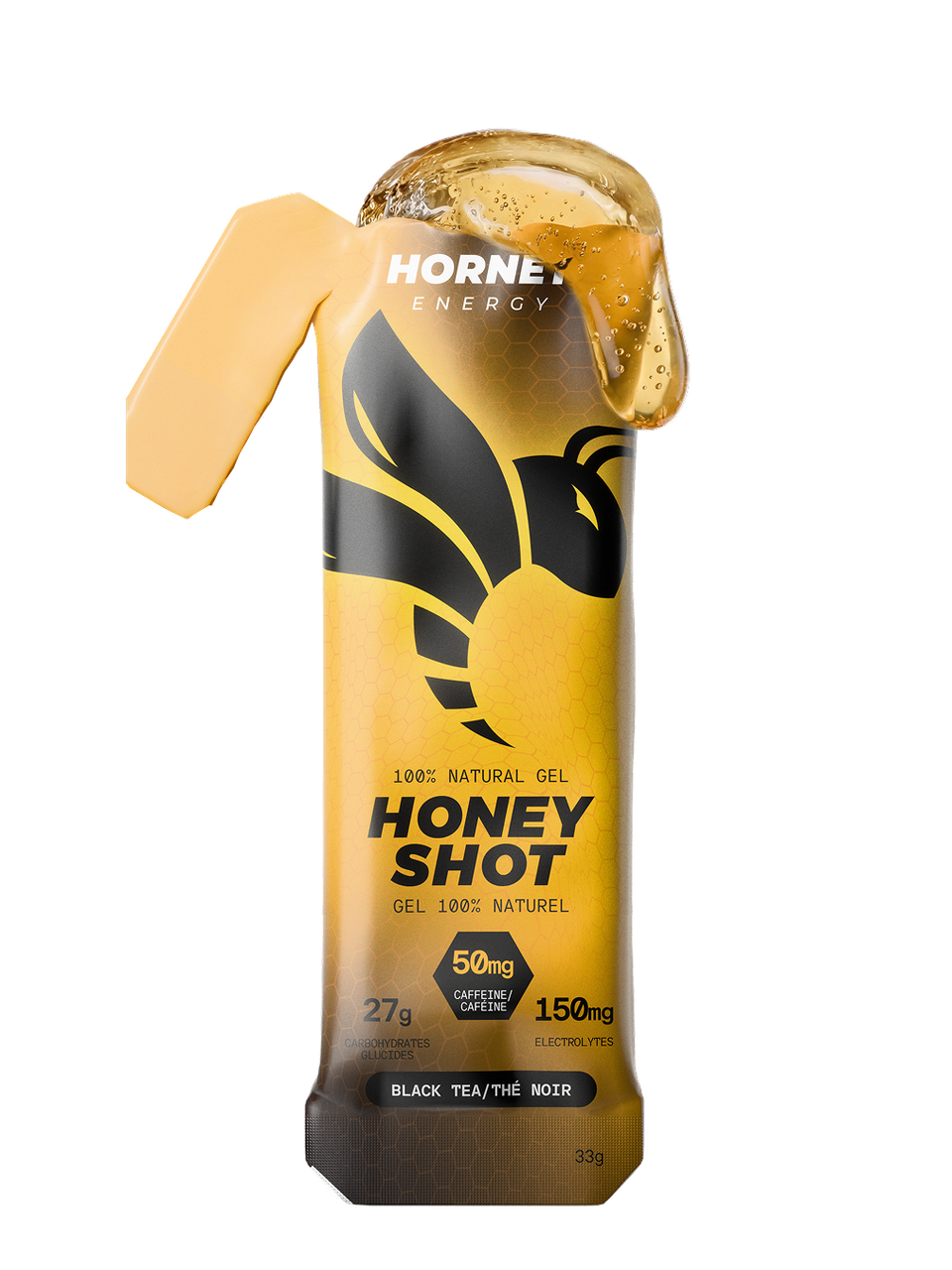 Hornet Energy Honey Shot energy gel sachet in Black Tea flavour, 33 g, showing 50 mg caffeine and 27 g carbohydrates.