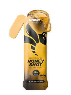 Hornet Energy Honey Shot energy gel sachet in Black Tea flavour, 33 g, showing 50 mg caffeine and 27 g carbohydrates.