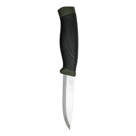 Morakniv Companion HD fixed-blade knife with a dark forest green rubber handle and carbon steel blade.