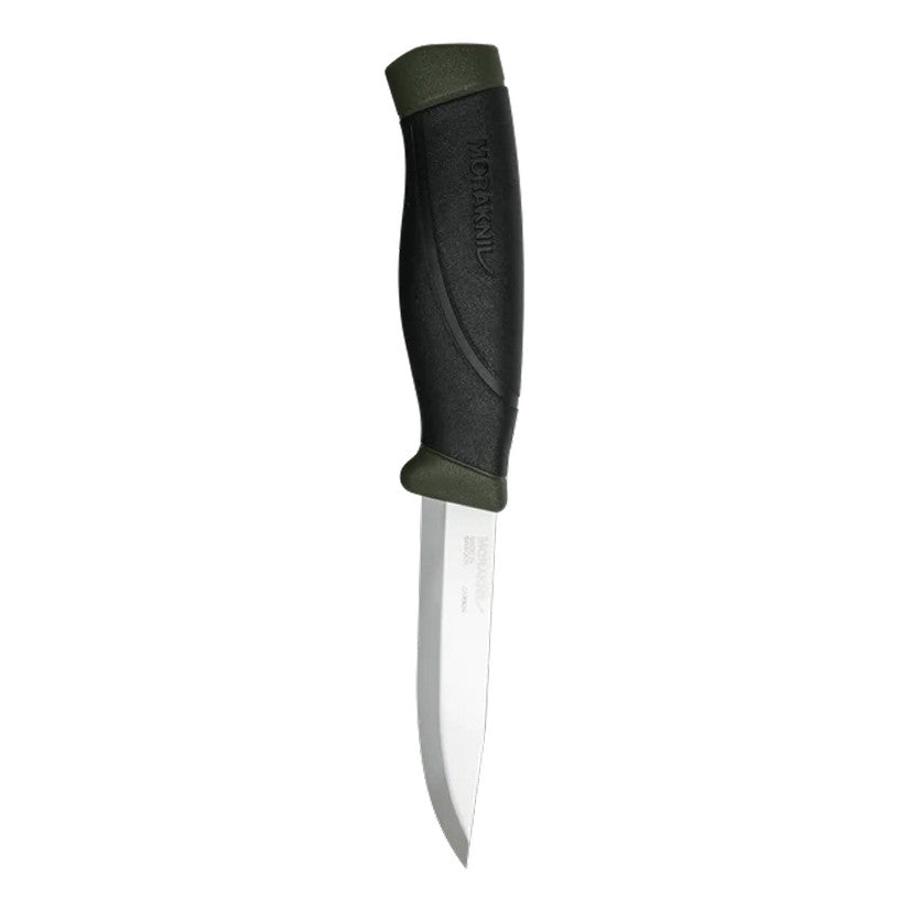 Morakniv Companion HD fixed-blade knife with a dark forest green rubber handle and carbon steel blade.