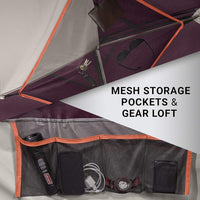Open tent with mesh storage pockets and gear loft feature highlighted.