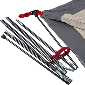 Set of camping tent poles with red straps on a white background