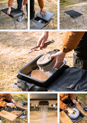 Collage of a portable outdoor kitchen setup with various functions.