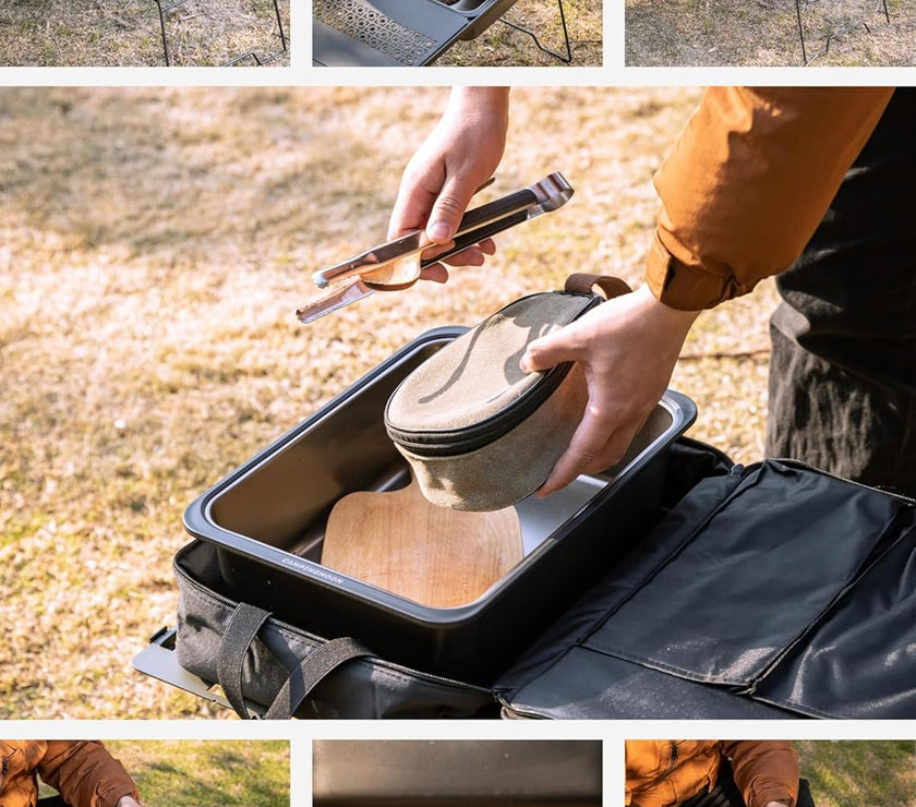 Collage of a portable outdoor kitchen setup with various functions.