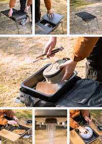 Collage of a portable outdoor kitchen setup with various functions.