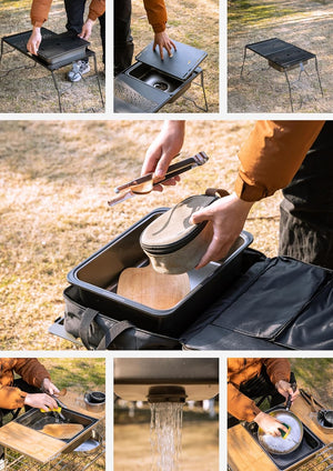 Collage of a portable outdoor kitchen setup with various functions.