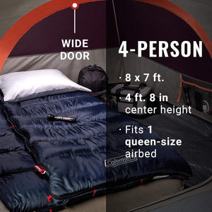 Coleman 4-person tent with sleeping bags and backpack inside, showing dimensions and features.