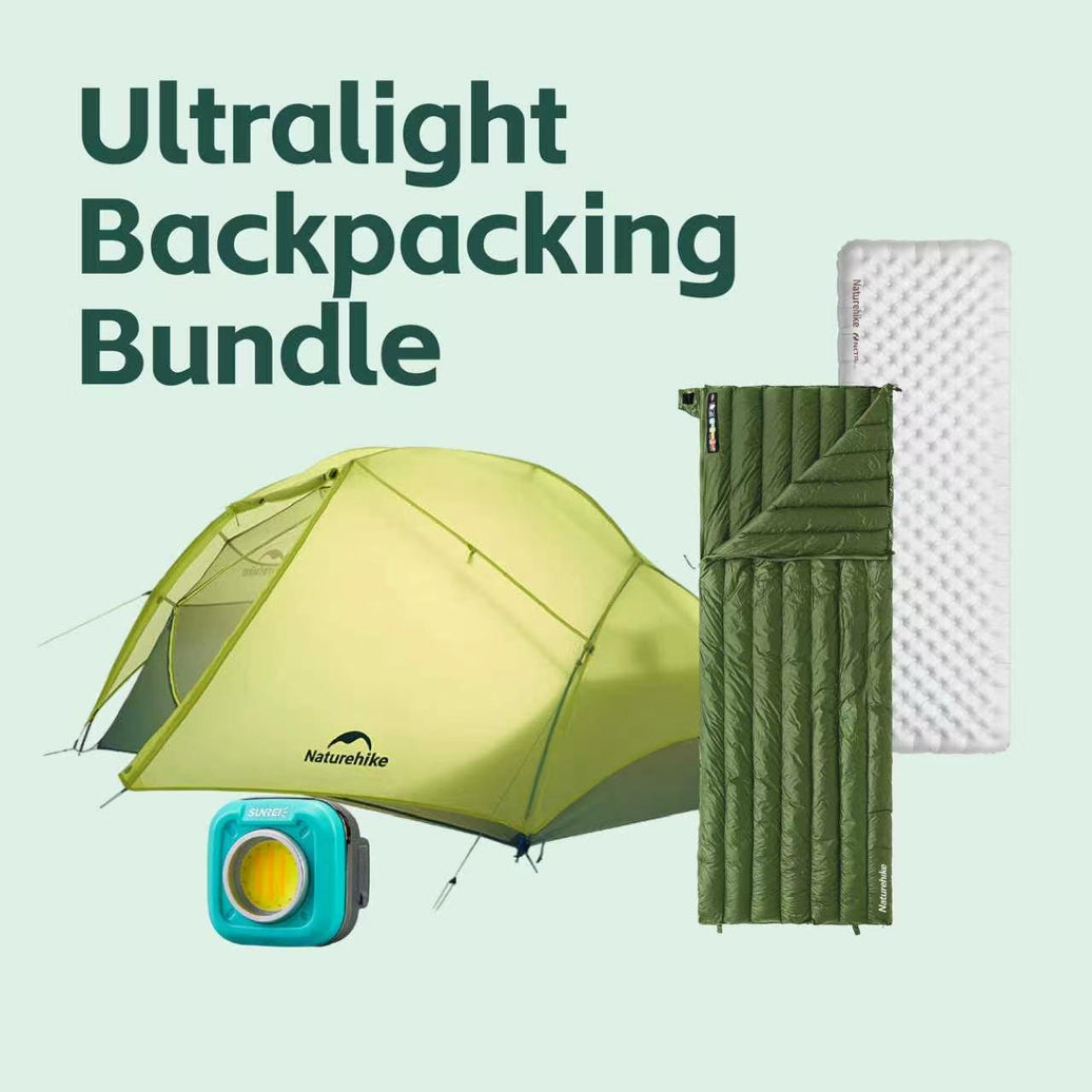 Ultralight Backpacking Bundle: Naturehike Star River EXT 2-person tent in yellow-green, an army green CW295 down envelope sleeping bag, a Tuye 5.8 inflatable mattress and a teal Sunrei C600 camping light.
