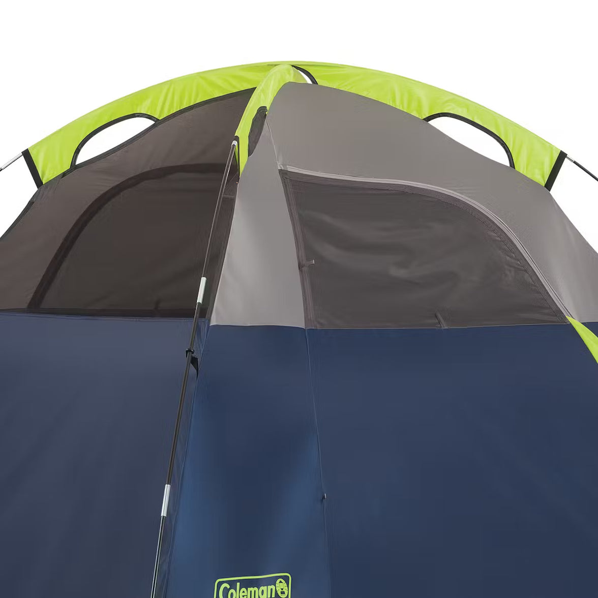 Coleman tent with green, gray, and blue sections on a white background