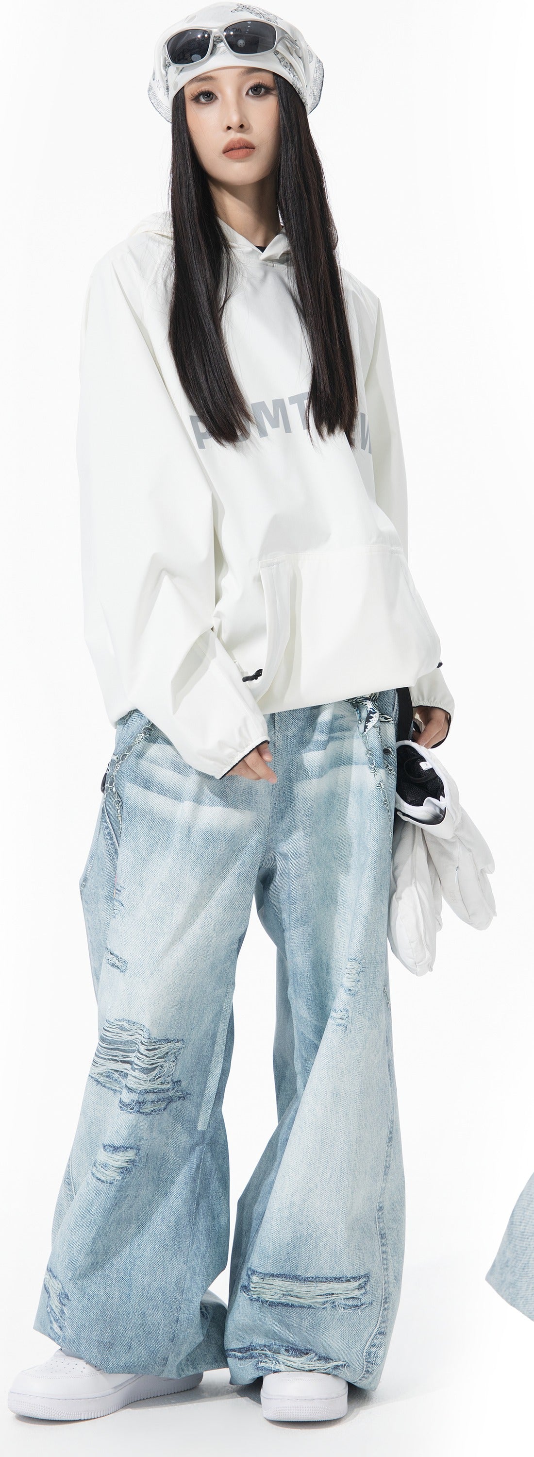 POMT Printed 2L Snow Pants — Blue White, on model, full look