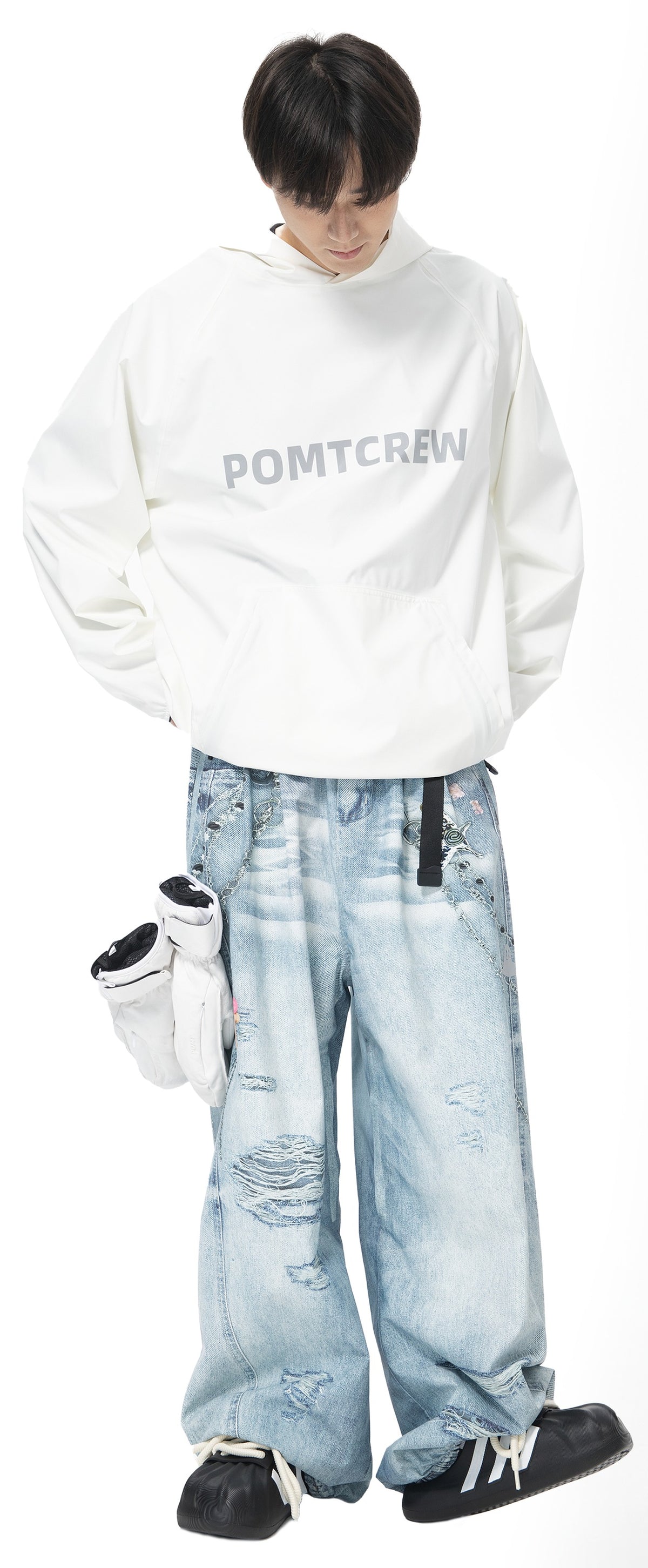 POMT Printed 2L Snow Pants — Blue White, on model, front