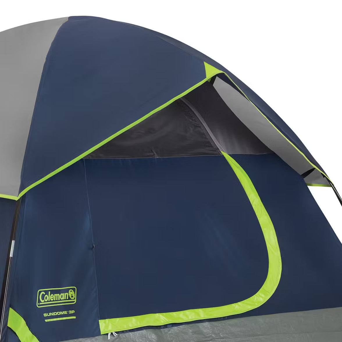 Coleman tent with blue and green design on a white background